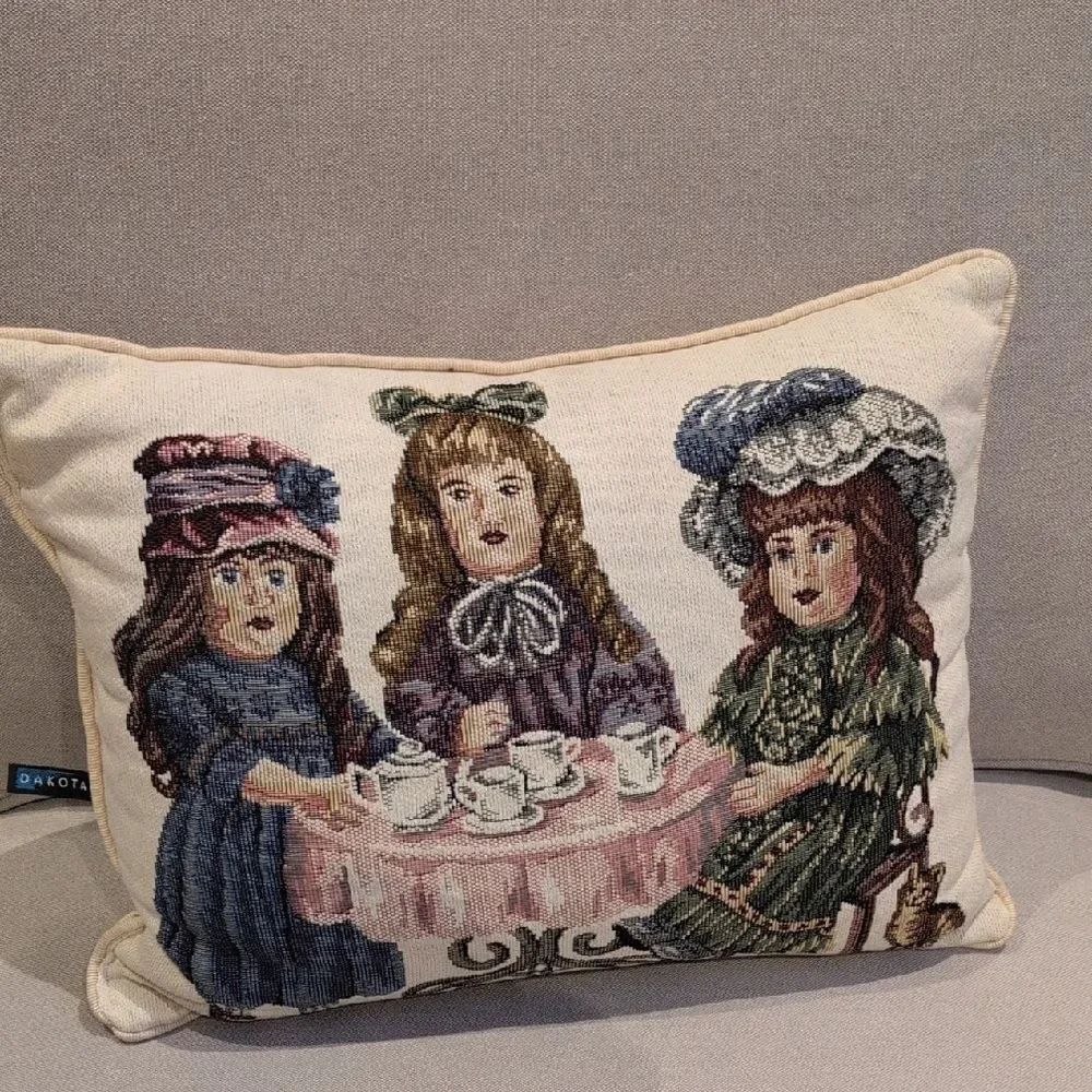 Vintage Dakota Home Victorian Dolls Tea Party Tapestry Throw Pillow